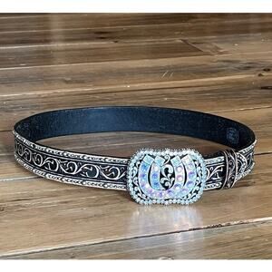 Tony Lama Womens Rhinestone Bling Horse Shoe TooledWesternLeather Belt Sz32 READ
